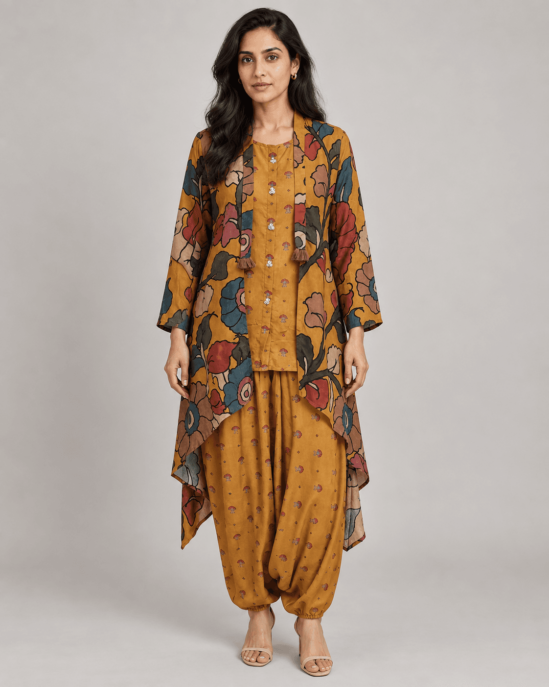Mustard Botanical Print Layered Shrug & Dhoti Co-ord Set